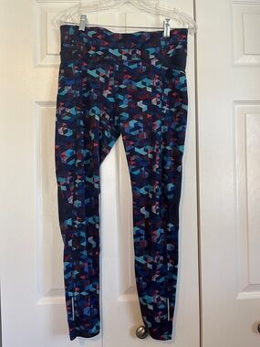 Athleta Navy Geometric Print Women’s Leggings with Blue & Red Accents